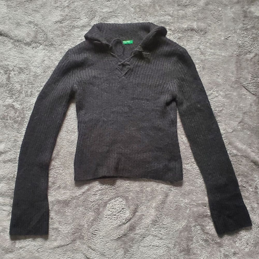 United Colors Of Benetton Womens Size M Lace Up Pullover/ Ribbed Knit Sweater